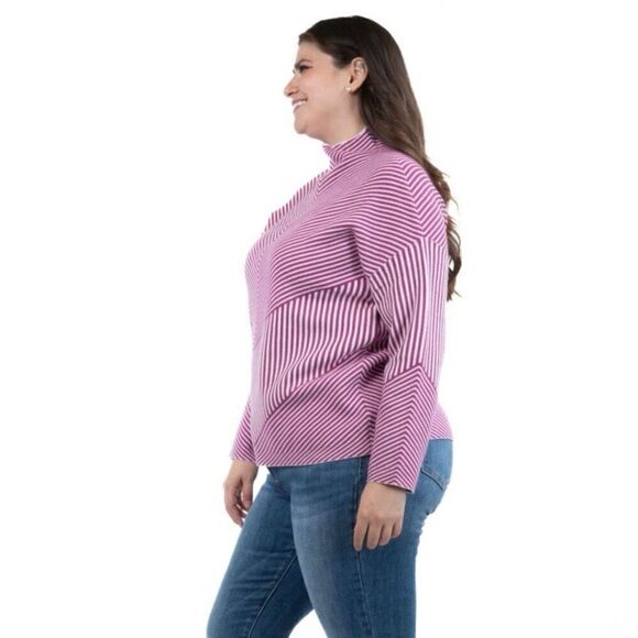 Tahari White Pink White Chevron Striped Sweater 2X NWT Mock Neck Relaxed Fit - Picture 7 of 13